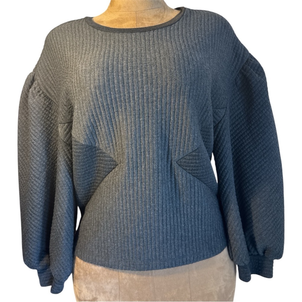 Express Dark Gray Crew Neck Top, ribbed, puff sleeve, casual or business​​